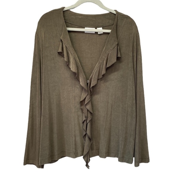 Chicos Travelers Green Slinky Knit Ruffle Trim Cardigan Sz XL - Picture 1 of 12